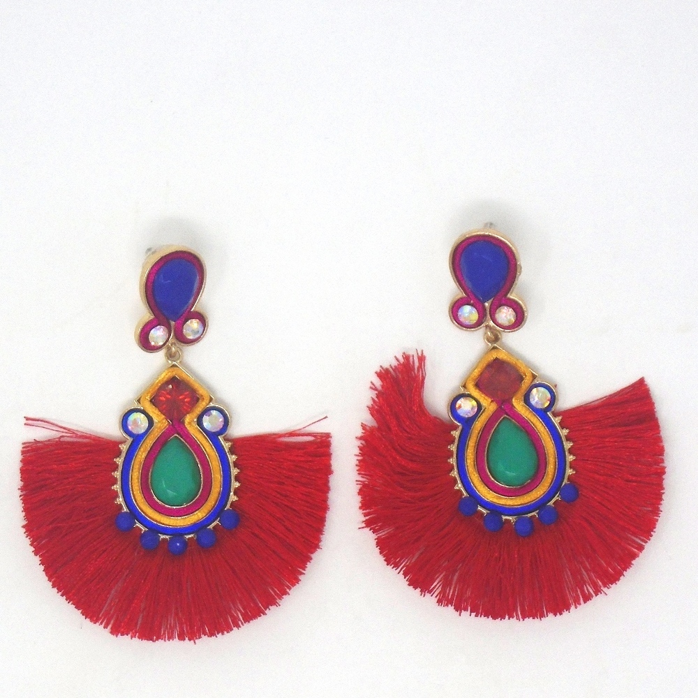 Red Multi Color Statement Tassel Crystal Earrings - image 3